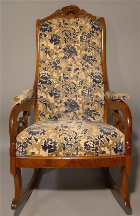 Appraisal: VICTORIAN ROCKING CHAIR IN BLUE AND CREAM UPHOLSTERY h w