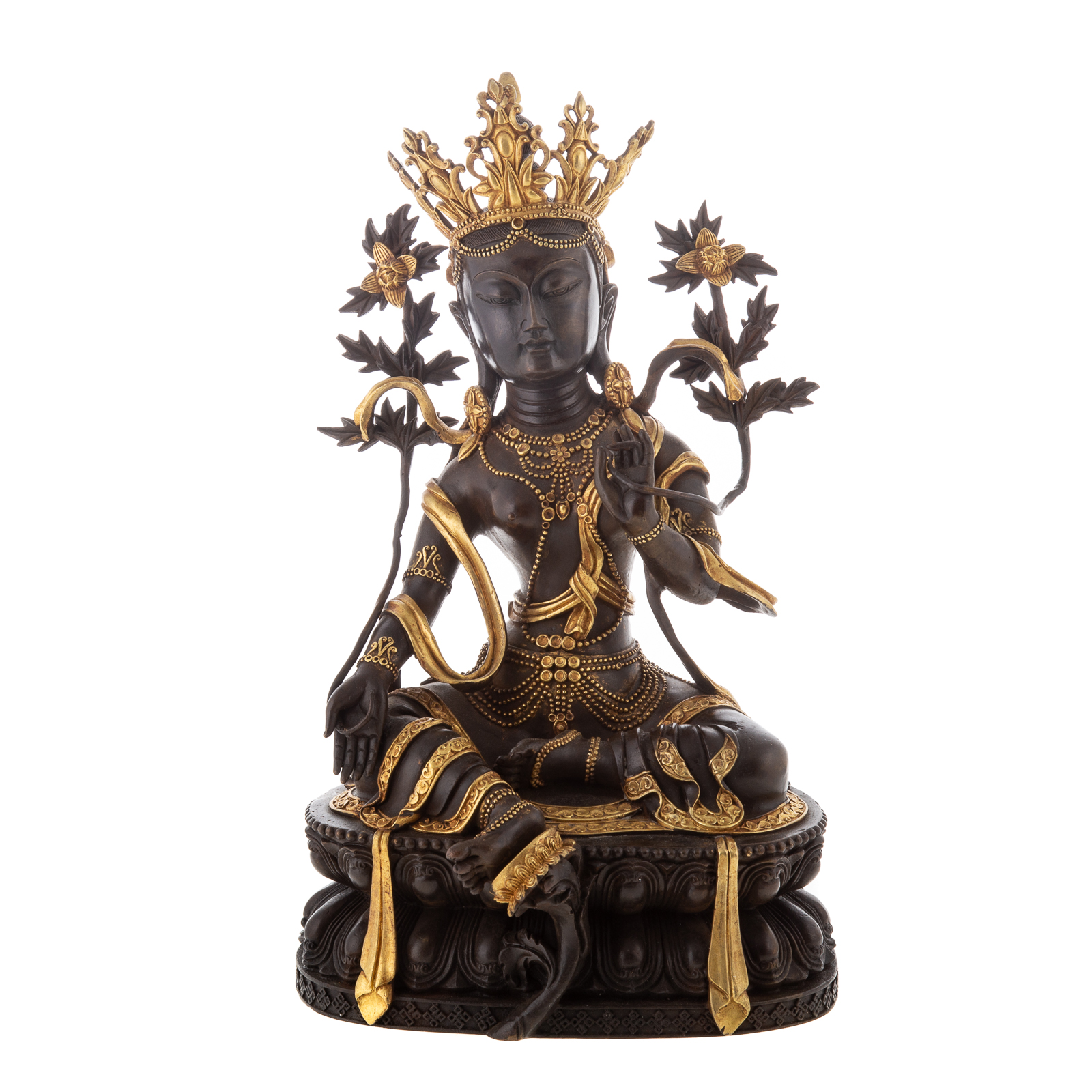 Appraisal: CHINESE PATINATED GILT BRONZE FEMALE DEITY Deity seated on double