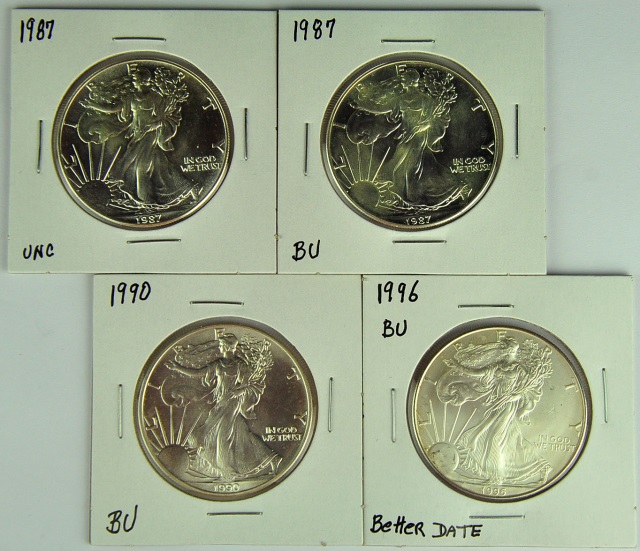 Appraisal: Four Silver Eagles coins and key coin much better date