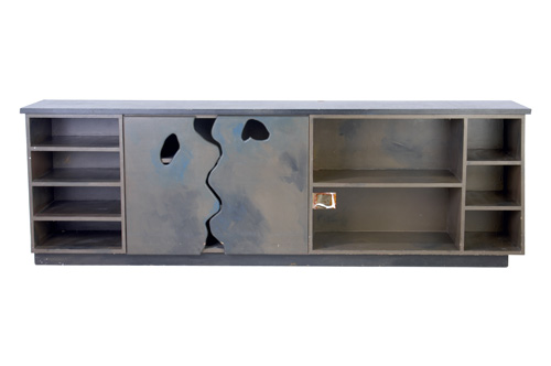 Appraisal: GAETANO PESCE Painted sideboard with two carved doors and shelving