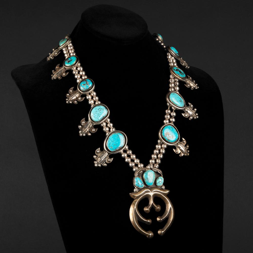 Appraisal: Navajo Style Squash Blossom Necklace ca 's silver Kingman Birds-Eye