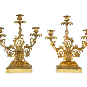 Appraisal: A Pair of American Gilt Bronze Three-Light Candelabra TH CENTURY