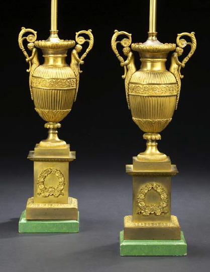 Appraisal: Pair of Restauration Gilt-Brass Two-Handled Garniture Vases-on-Pedestals second quarter th