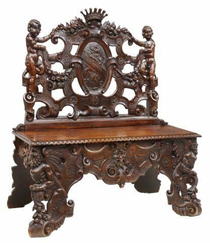 Appraisal: Italian Renaissance Revival walnut hall bench th c well-carved back