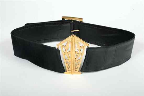 Appraisal: CHANEL BLACK LEATHER BELT s Centered with Art Deco inspired