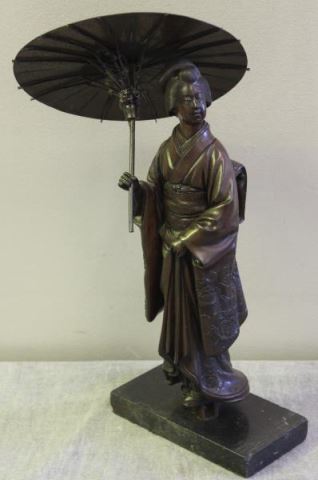 Appraisal: Japanese Bronze Geisha Girl with Parasol Beautiful patina Signed on