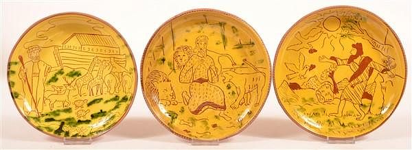 Appraisal: Three Early 's Breininger Redware Plates Three Early 's Breininger