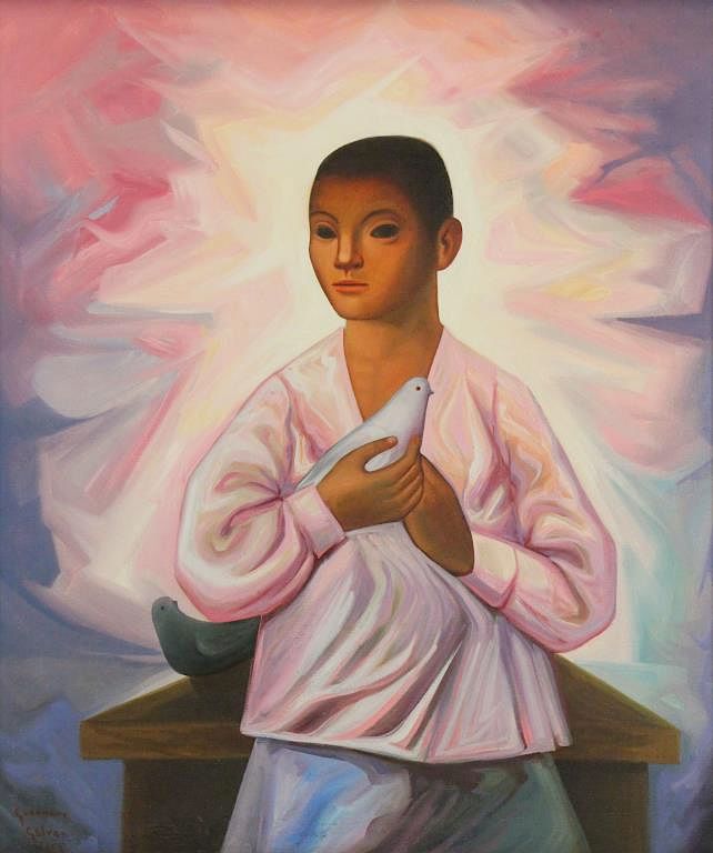 Appraisal: GALVAN Jesus Guerrero Oil on Canvas Boy with Dove Signed