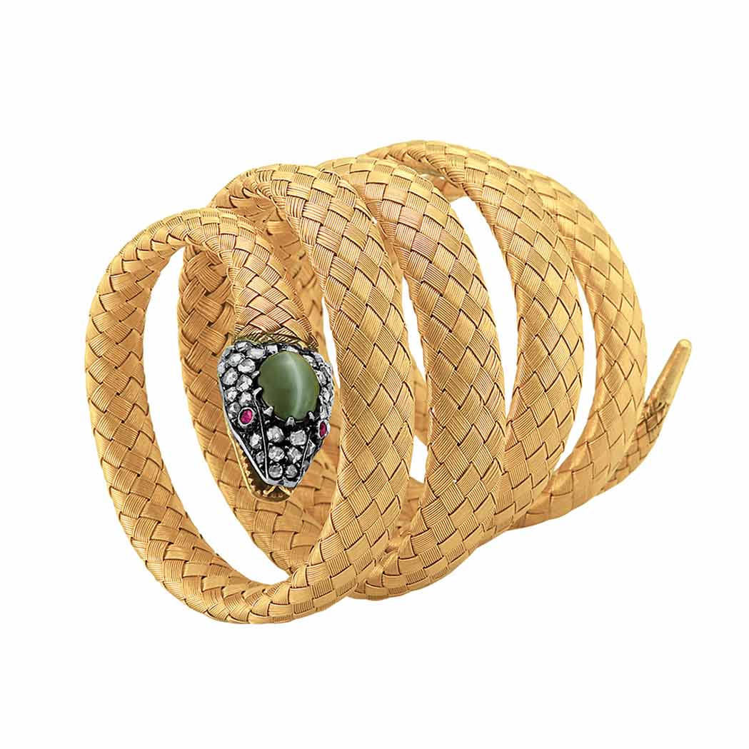 Appraisal: Antique Gold Silver Diamond and Cat's-Eye Mesh Serpent Bracelet The