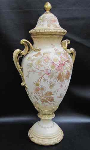 Appraisal: GERMAN ROYAL BONN PORCELAIN COVERED URN hand enameled floral decoration