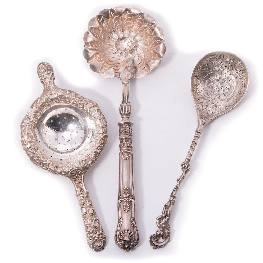 Appraisal: Three Silver Tea Strainers Kings Pattern Tea Strainer unmarked S