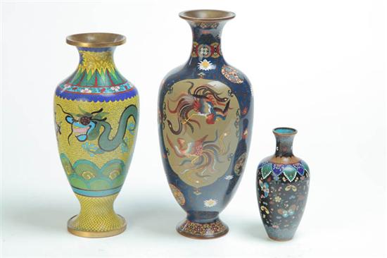 Appraisal: THREE CLOISONNE VASES Asian th century enamel and brass Dark