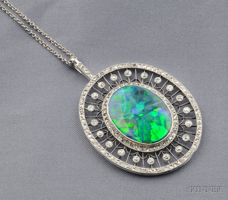 Appraisal: Art Deco Platinum Black Opal and Diamond Pendant bezel-set with