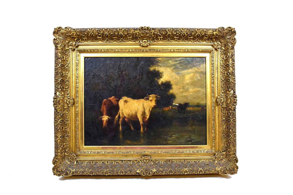 Appraisal: EMILE VAN MARKE BELGIAN - PAINTINGGrazing Cows Signed lower right