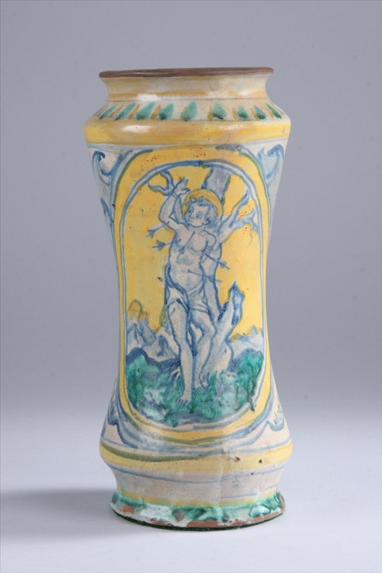 Appraisal: SICILIAN MAIOLICA ALBARELLO Painted with the Martyrdom of St Sebastian