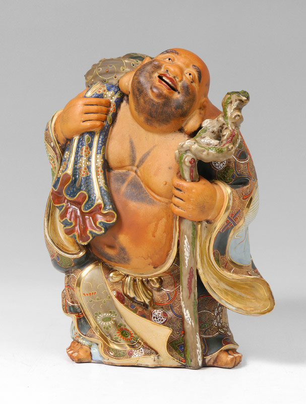 Appraisal: SATSUMA WALKING HAPPY BUDDHA FIGURE Earthenware figure of happy Buddha