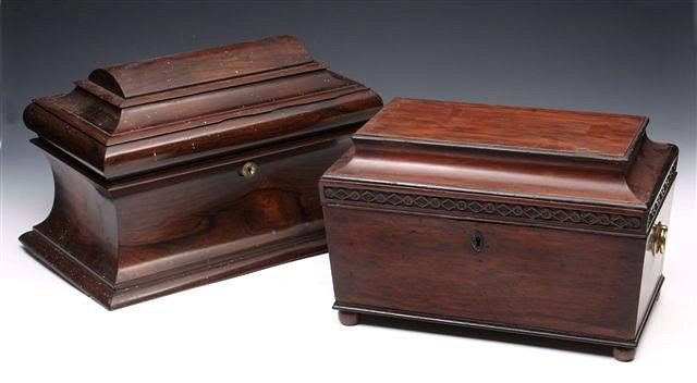 Appraisal: AN EARLY VICTORIAN ROSEWOOD LARGE SARCOPHAGUS SHAPED TEA CADDY the