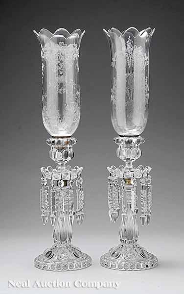 Appraisal: A Near Pair of Antique Baccarat-Style Photophores with Foliate Etched