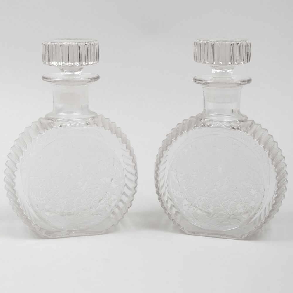 Appraisal: Pair of Continental Etched Glass Decanters x x in Condition