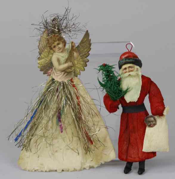 Appraisal: SANTA AND ANGEL CHRISTMAS TREE ORNAMENTS Germany crepe paper Santa