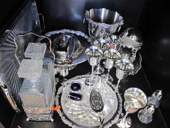 Appraisal: SHELF OF ASSORTED SILVER PLATE INCLUDING TRAYS CHAMPAGNE BUCKET GOBLETS