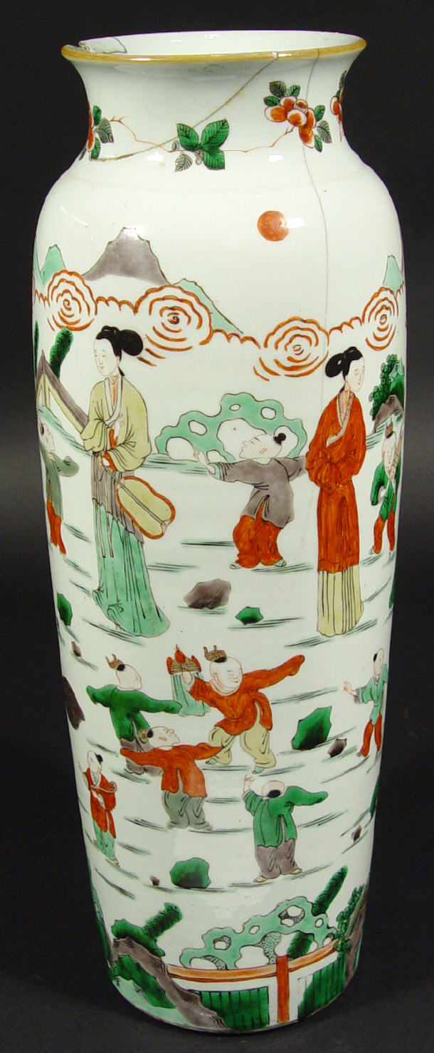 Appraisal: Cylindrical oriental porcelain vase enamelled in the famille verte palette