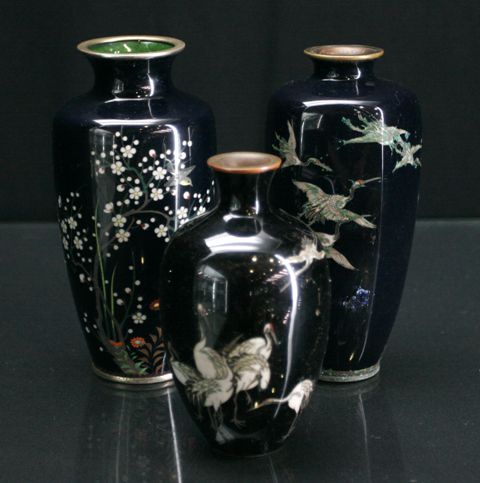 Appraisal: Three Japanese cloisonne vases with floral and bird decoration on