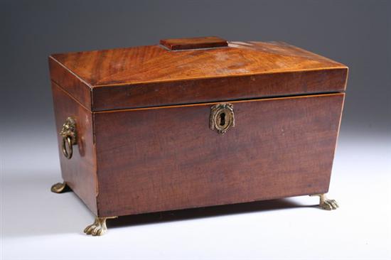 Appraisal: VICTORIAN MAHOGANY SARCOPHAGUS-FORM TEA CADDY mid- th century Interior fitted