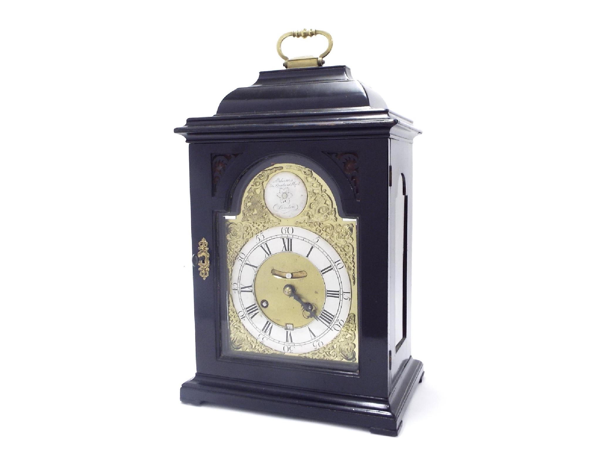 Appraisal: English ebonised double fusee bracket clock with foliate engraved back