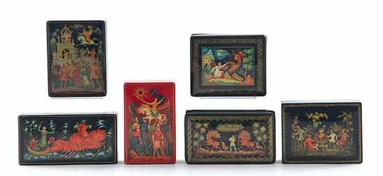 Appraisal: Fine decorated Russian lacquerware boxes each covered very finely painted