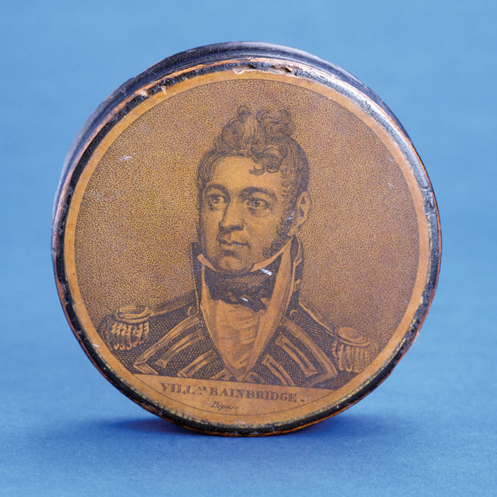 Appraisal: PAPIER MACHE SNUFF BOX WITH ENGRAVING quot VILLAM BAINBRIDGE DEPOSE