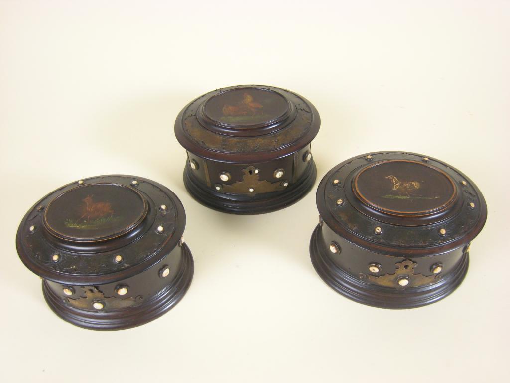 Appraisal: Three Continental oval Tea Caddies with painted reserves of poultry