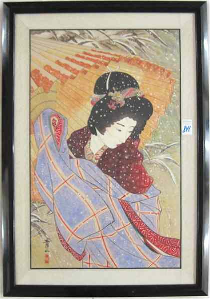 Appraisal: JAPANESE MIXED MEDIA PAINTING th century Young woman holding robe