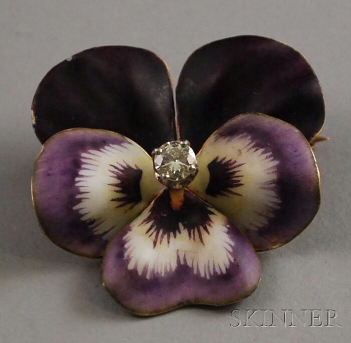 Appraisal: kt Gold Enamel and Diamond Pansy Brooch stamped SORET K