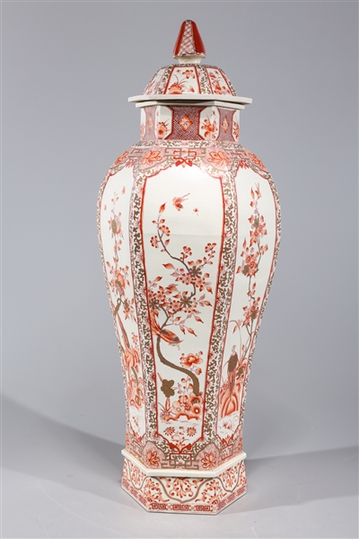 Appraisal: Tall Chinese red and gilt porcelain faceted covered vase with