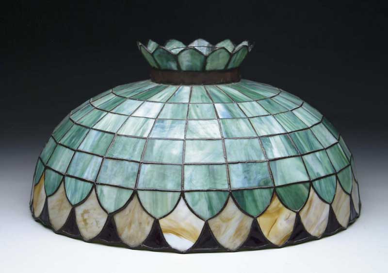 Appraisal: LEADED GLASS HANGING LIGHT Round dome has green slag glass