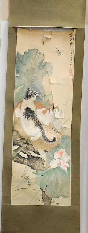 Appraisal: Scroll painting of cats ink and color on paper of