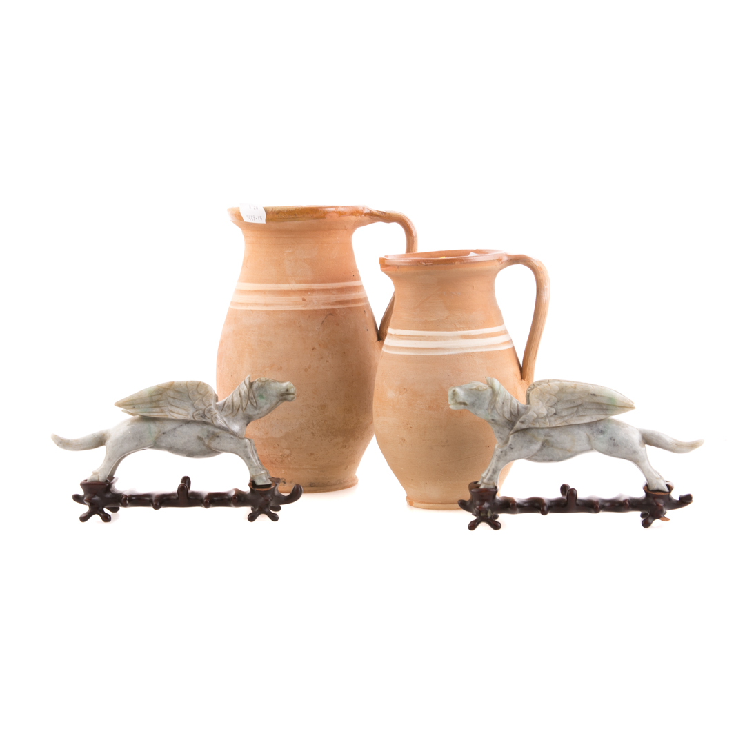 Appraisal: Two hardstone Pagususes two terracotta pitchers Pegasus on wood stands