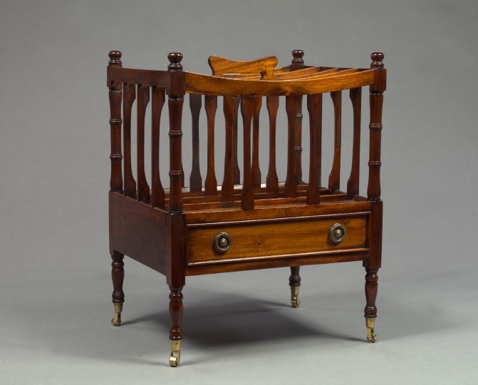 Appraisal: English Turned Carved and Brass-Mounted Mahogany Four-Compartment Canterbury in the