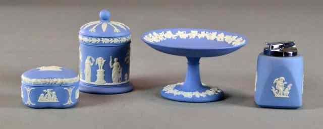 Appraisal: Wedgewood Blue Jasperware AssortmentIncluding covered kidney-shaped trinket box covered container