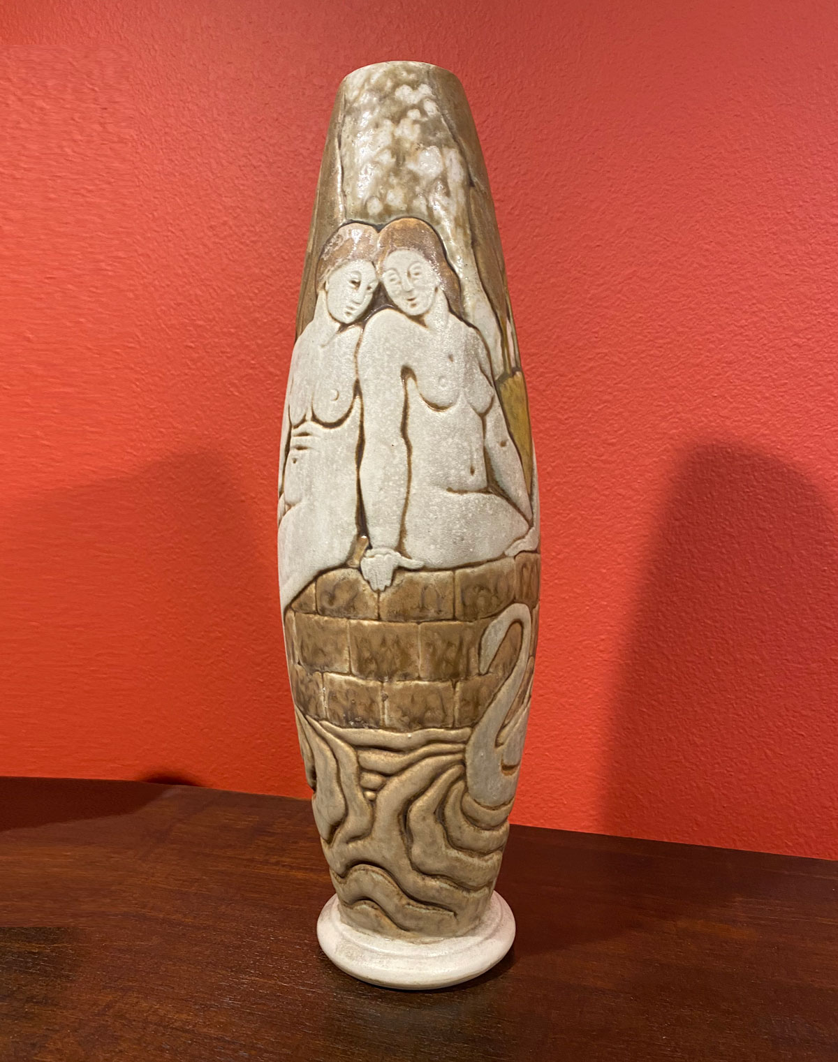 Appraisal: NANCY MOUGIN POTTERY VASE WITH SEATED NUDES SWANS French art