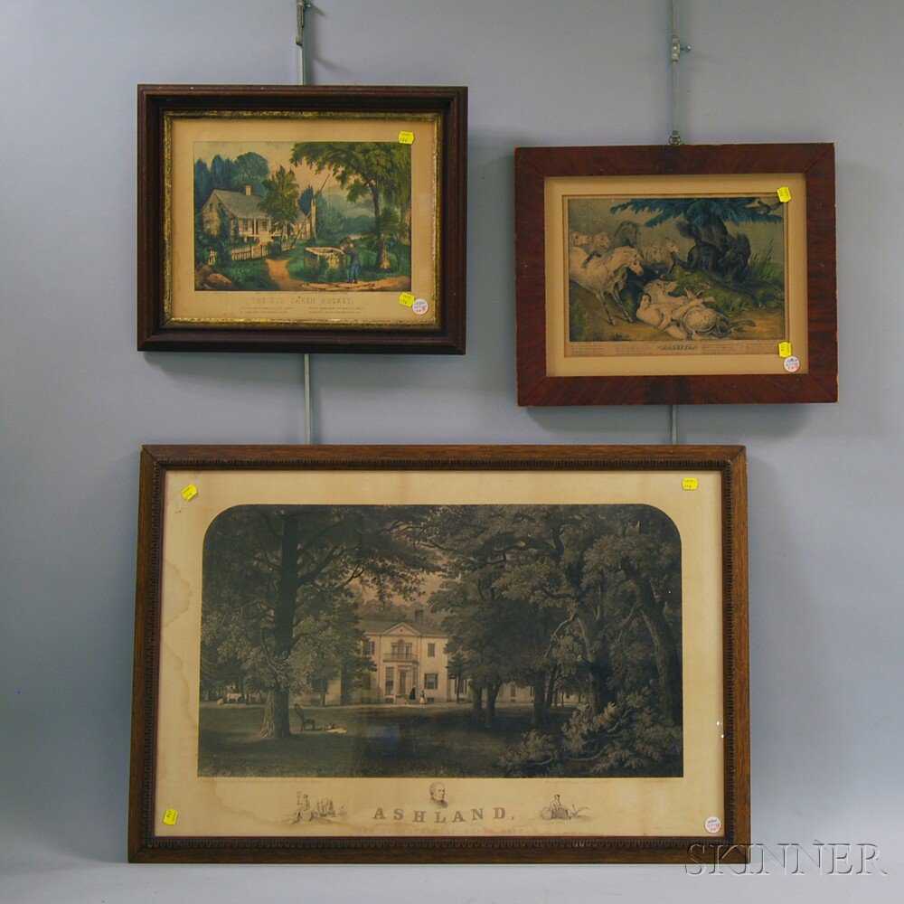 Appraisal: Three Framed Prints two hand-colored Currier Ives The Old Oaken