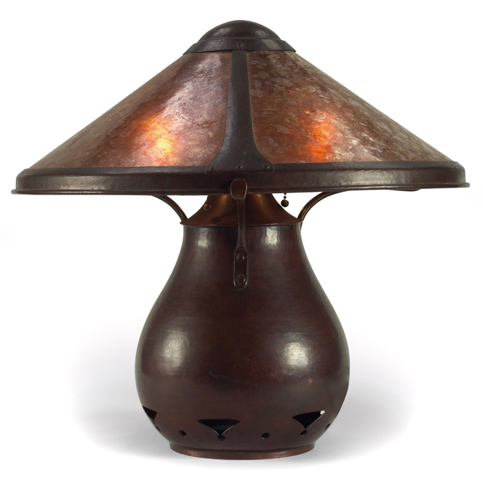 Appraisal: Rare Dirk Van Erp lamp riveted three-panel mica shade on