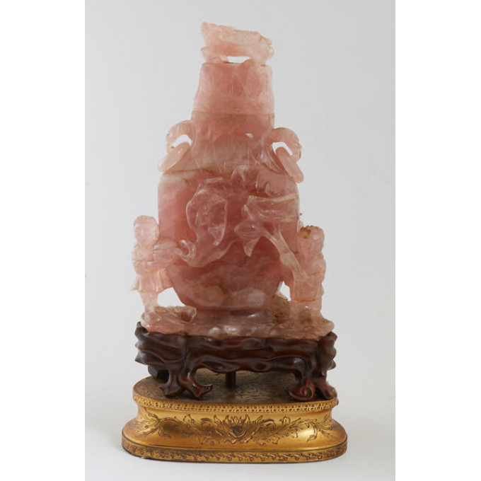 Appraisal: Chinese Carved Rose Quartz Covered Vase early th c the