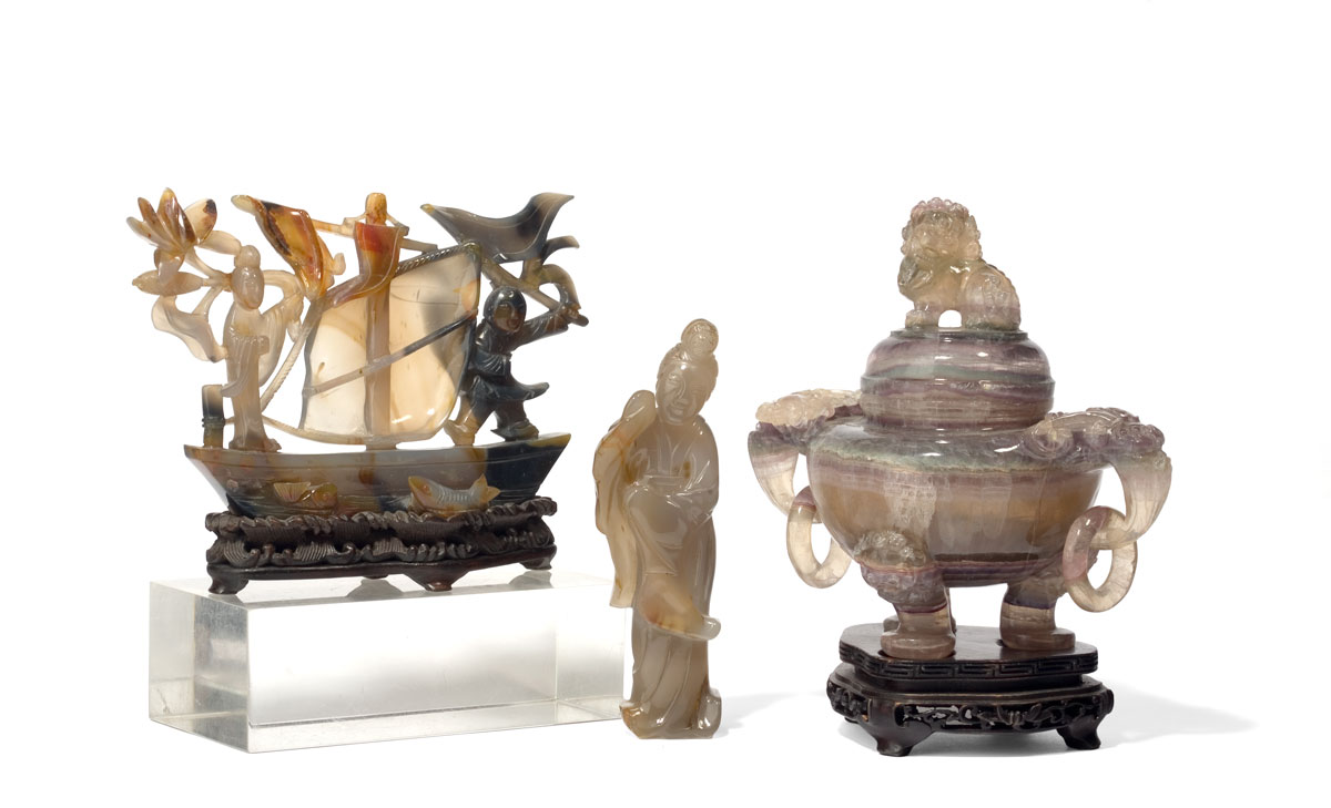 Appraisal: THREE JADE TABLE OBJECTS COMPRISING A COVERED CENSOR A PLEASURE