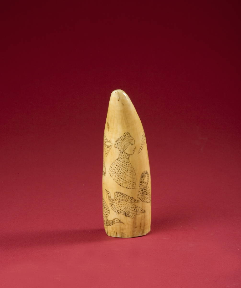 Appraisal: SCRIMSHAW WHALE'S TOOTH ENGRAVED WITH BIRDS FIGURES AND A PISTOL