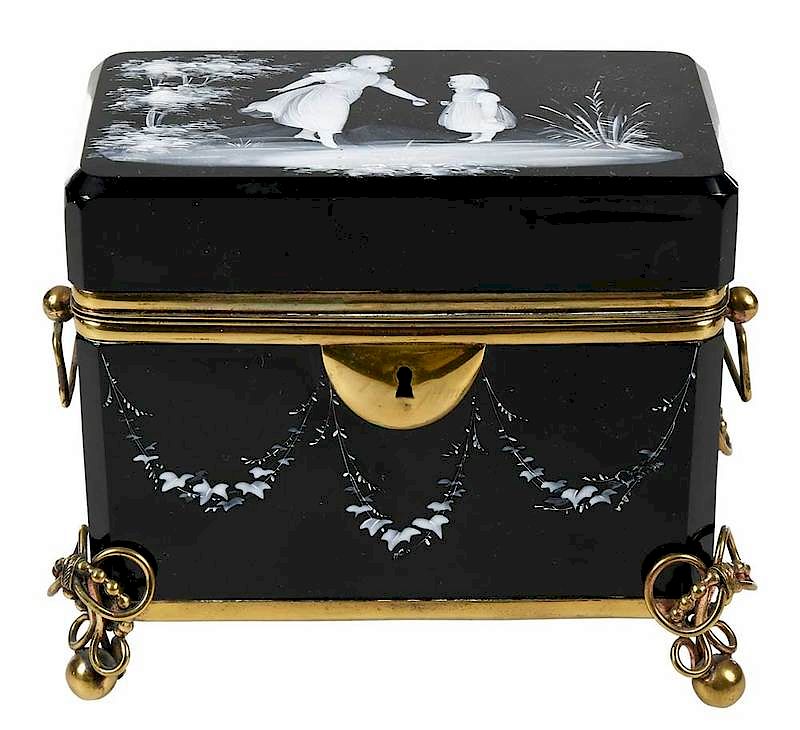 Appraisal: Mary Gregory Style Black Glass Casket Box late th century