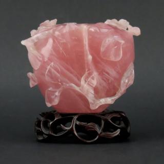 Appraisal: Antique Chinese Rose Quartz High Relief Flower Vase on Rosewood