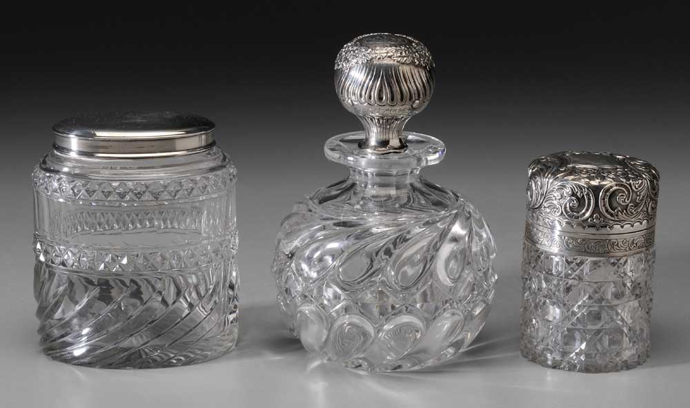 Appraisal: Three Sterling and Cut Glass Dresser Jars one with sterling