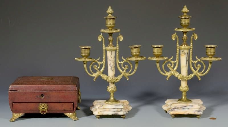 Appraisal: Pr Candlesticks Russian Trinket Box Pair gilt bronze mounted marble